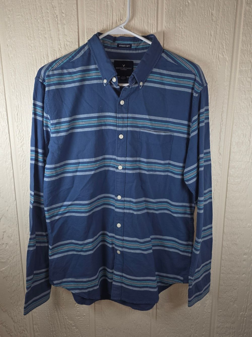 Men's American Eagle Outfitters Blue Striped Button-Down Shirt, Size Medium